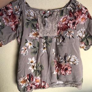 Floral gray shirt with tie up tassels